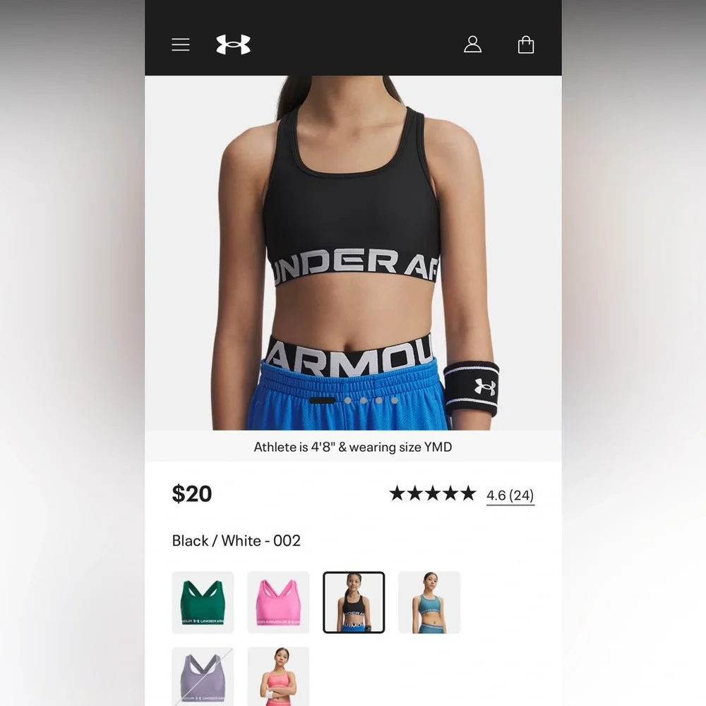 Under Armour Black & White Racerback Girls' Sports Bra with Branded Band